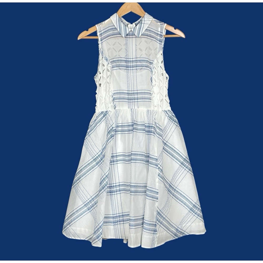 Moulinette Soeurs Blue White Plaid Eyelet Silk Dress Size 4 Coastal Garden Party